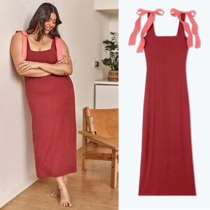 NWT The Softest Ribbed Tie-Shoulder Summersalt Midi-Maxi Knit Dress Pink Large